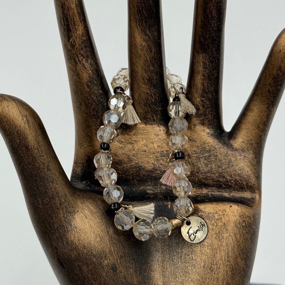 Erimish Set of 3 Stretch Bracelets Crystal Blue Beige Beaded Tassel Stack - Picture 3 of 8
